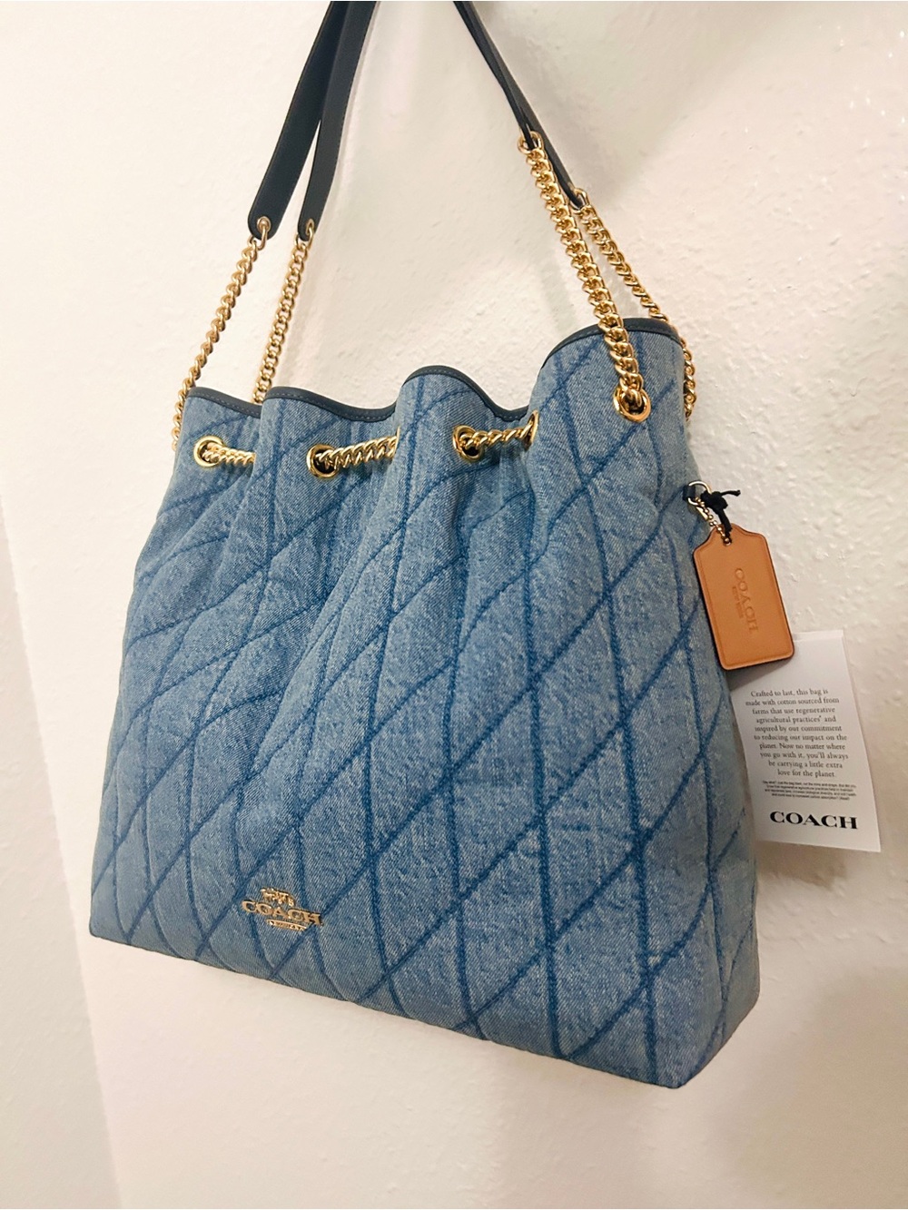 NWT🌿Coach Evelyn Large Shoulder Bag Regenerative Cotton Quilting Indigo CDC01